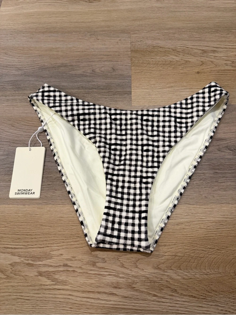 Monday Swimwear Gingham Bikini Bottom in Black and Cream